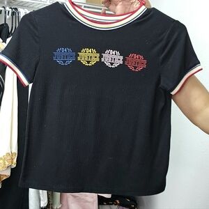 3/$6 Justice Black Ribbed T-Shirt with Colorful Logos Girls size M